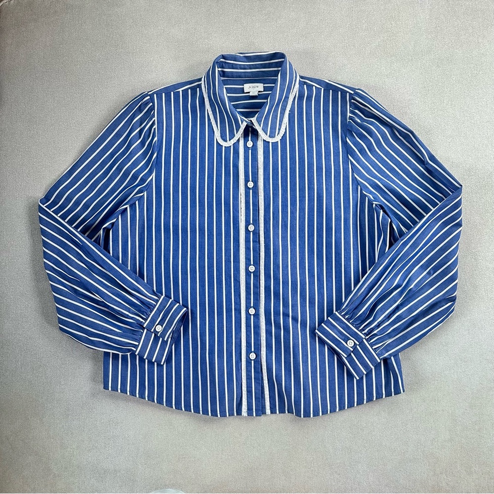 J. Crew Factory Blue and White Striped Lace Trim Button Down. Large